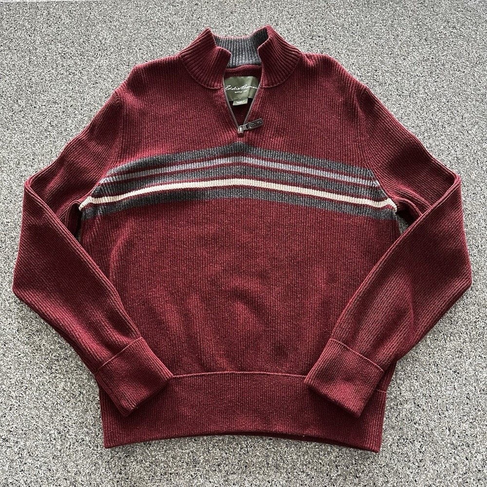Eddie Bauer Sweater Mens Size L Classic Fit Pullover‎ 1/4 Zip Red Striped Knit